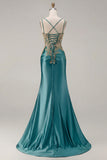 Sparkly Black Beaded Floral Satin Appliqued Long Corset Prom Dress with Slit