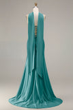 Sparkly Champagne Mermaid Neck Scarf Long Prom Dress with Beading