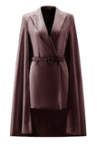 White Satin Peak Lapel Cape Short Work Blazer Dress with Belts