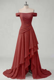 Ruched A Line Off the Shoulder Butter Yellow Ruffled Prom Dress with Slit