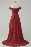 Ruched A Line Off the Shoulder Butter Yellow Ruffled Prom Dress with Slit