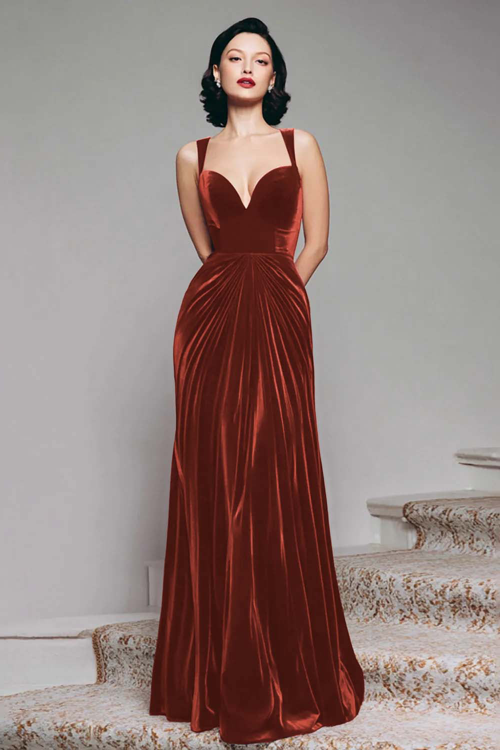 Burgundy Velvet Mermaid Thick Straps Ruched Long Holiday Party Dress
