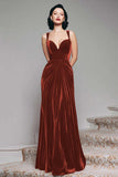 Burgundy Velvet Mermaid Thick Straps Ruched Long Holiday Party Dress
