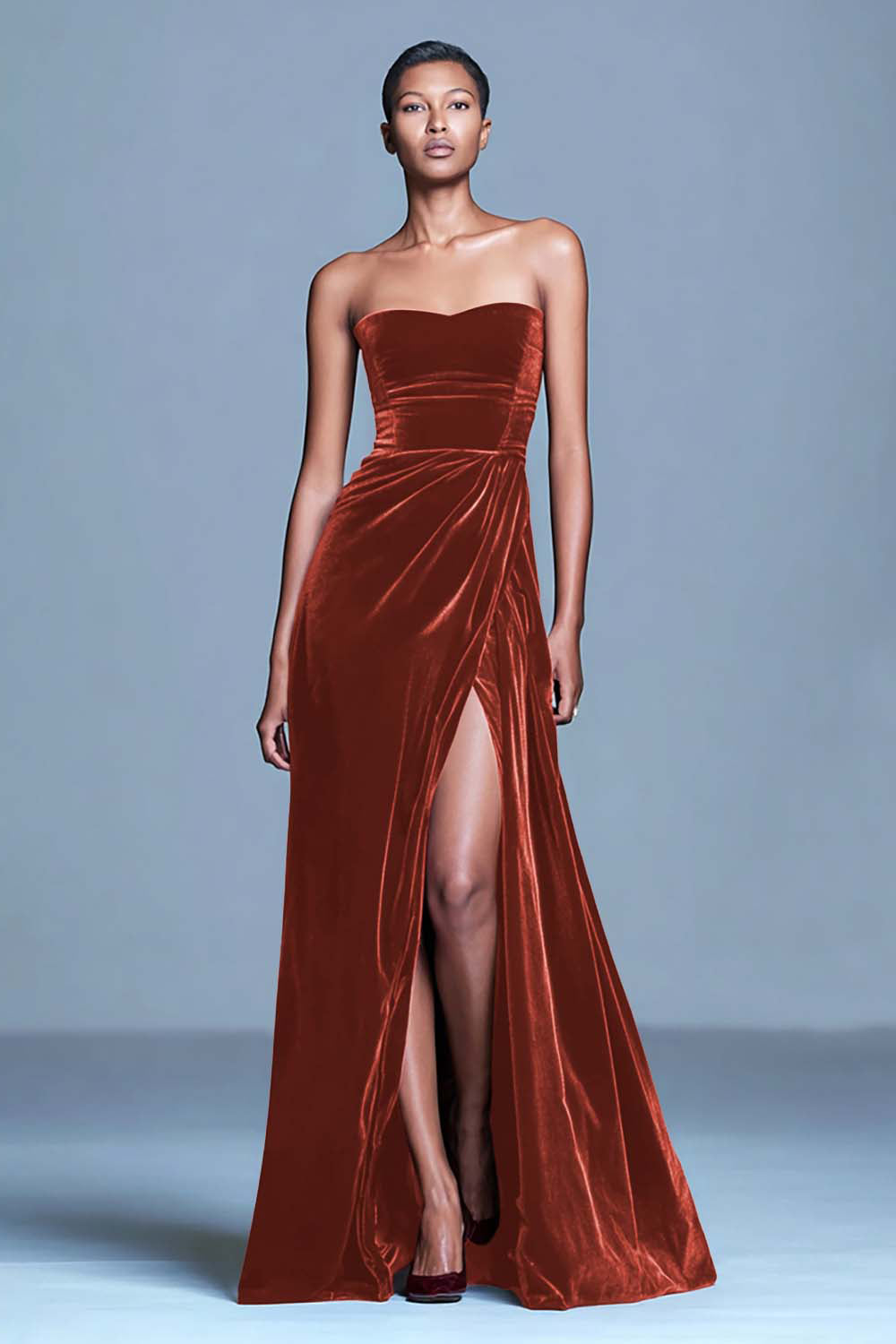 Burgundy Velvet Strapless Long Holiday Party Dress with Slit