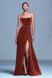 Burgundy Velvet Strapless Long Holiday Party Dress with Slit
