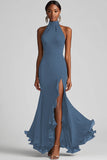 Halter Neck Black Ruffled Mermaid Long Formal Dress with Slit