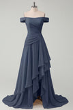 Ruched A Line Off the Shoulder Butter Yellow Ruffled Prom Dress with Slit