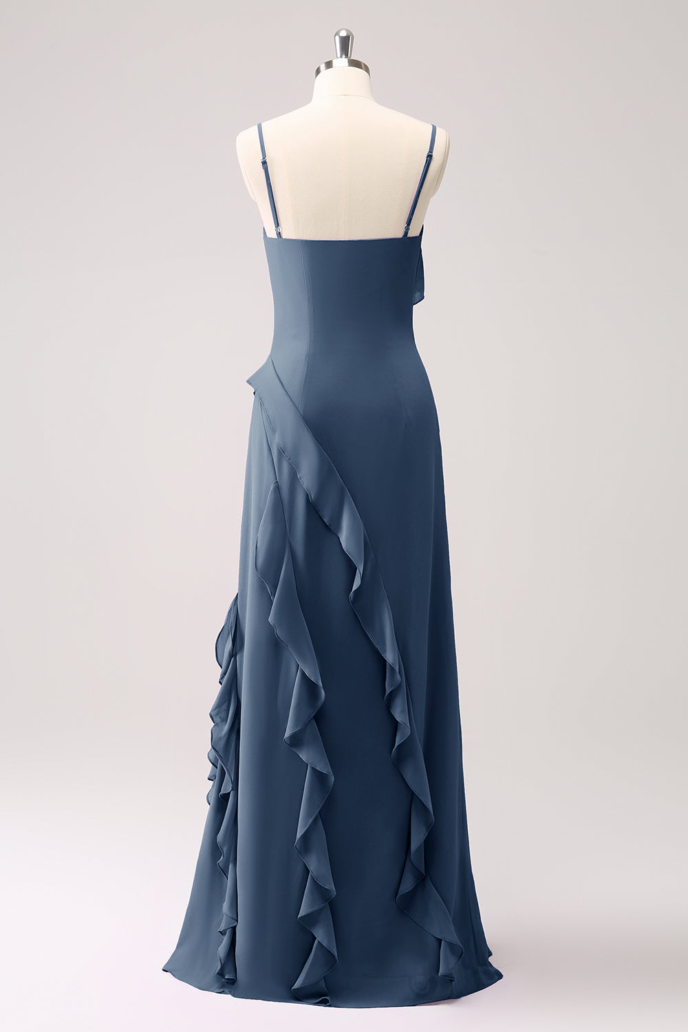 Tahiti Spaghetti Straps Chiffon Ruffled Long Bridesmaid Dress with Slit