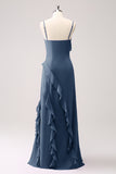Tahiti Spaghetti Straps Chiffon Ruffled Long Bridesmaid Dress with Slit
