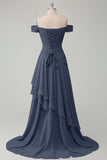 Ruched A Line Off the Shoulder Butter Yellow Ruffled Prom Dress with Slit