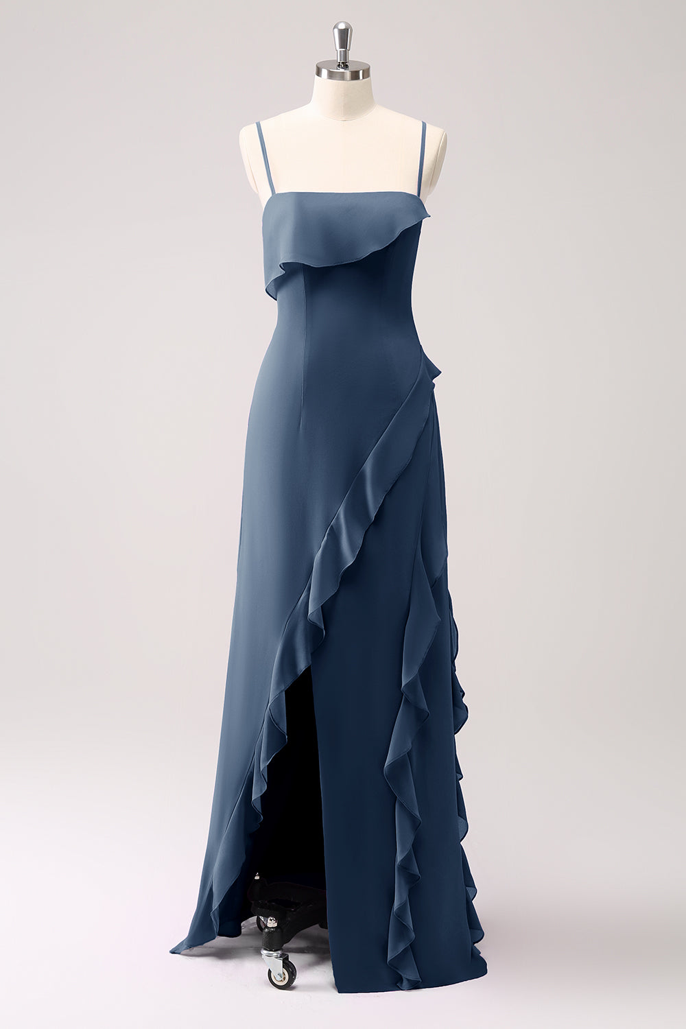 Tahiti Spaghetti Straps Chiffon Ruffled Long Bridesmaid Dress with Slit