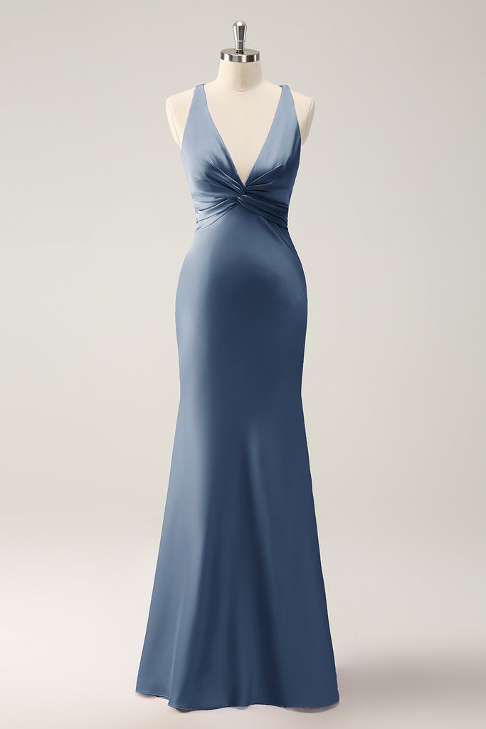 Mismatched Off Shoulder Side Slit Mermaid Dusty Blue Satin Long Bridesmaid Dresses Online, BG740