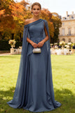 Dark Green One Shoulder Chiffon Long Wedding Guest Dress with Cape