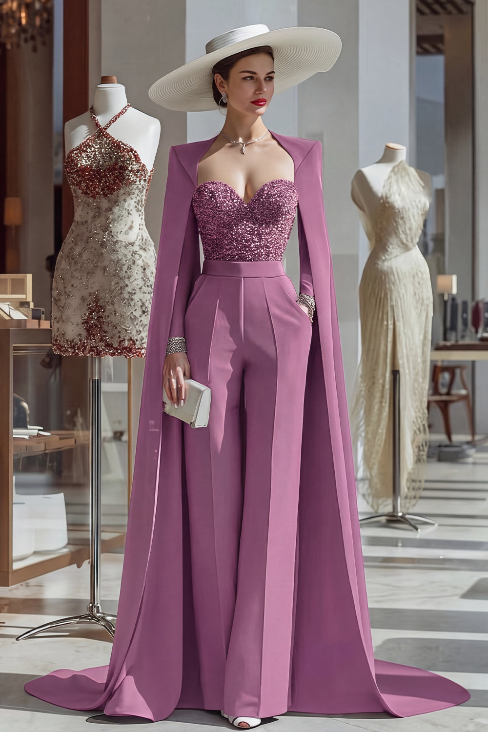 Cabernet Sparkly Long Sleeves Mother of the Bride Jumpsuits with Pockets