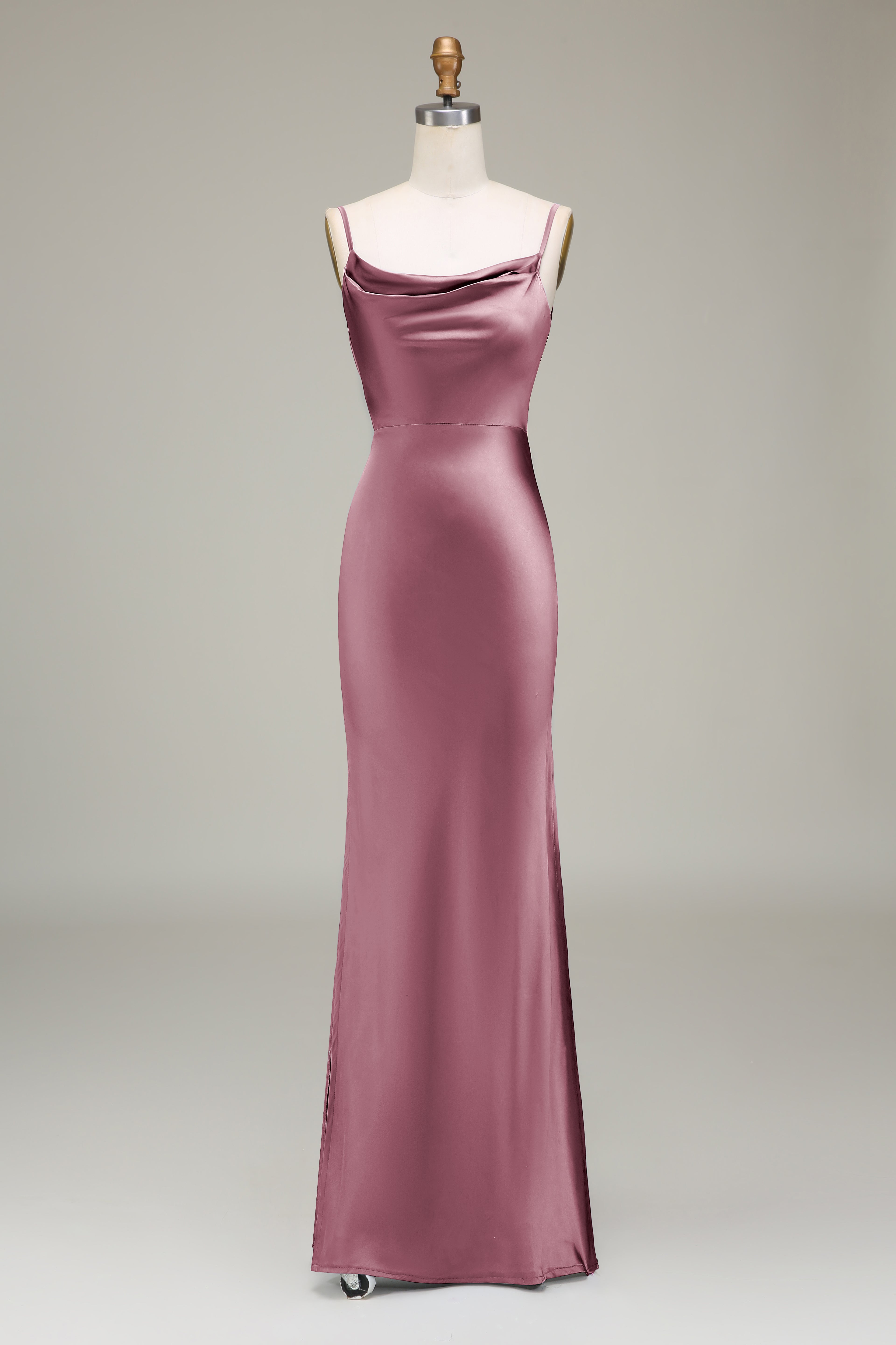 Dusty Blue Sheath Spaghetti Straps Satin Long Bridesmaid Dress