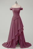 Ruched A Line Off the Shoulder Butter Yellow Ruffled Prom Dress with Slit