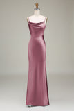 Dusty Blue Sheath Spaghetti Straps Satin Long Bridesmaid Dress