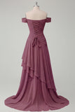 Ruched A Line Off the Shoulder Butter Yellow Ruffled Prom Dress with Slit