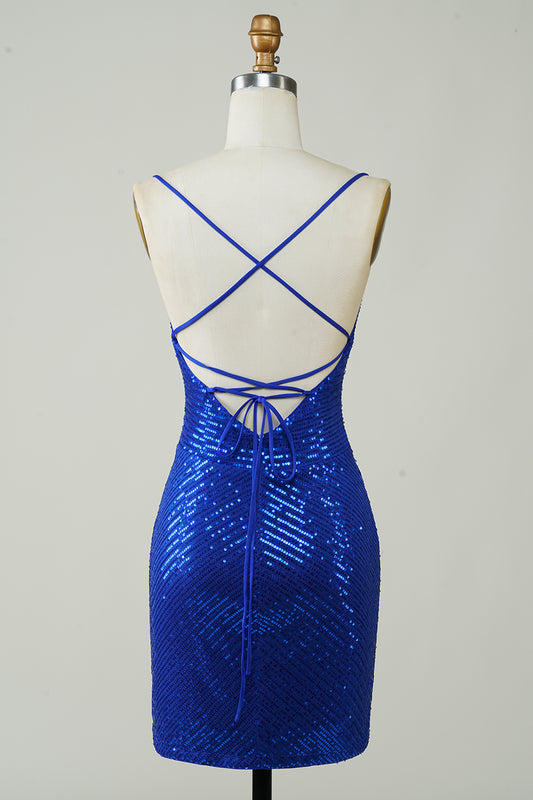 Blue Sequined Tight Backless Short Homecoming Dress