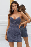 Spaghetti Straps Grey Appliques Bodycon Homecoming Dress