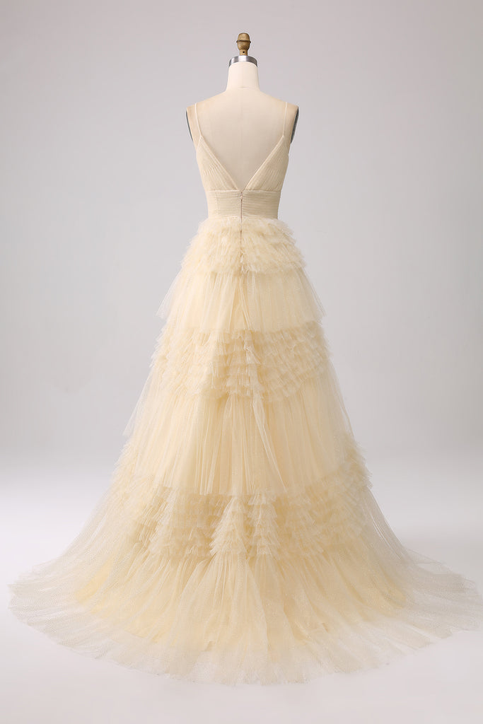 A Line Spaghetti Straps Tiered Navy Tulle Pleated Prom Dress with Slit