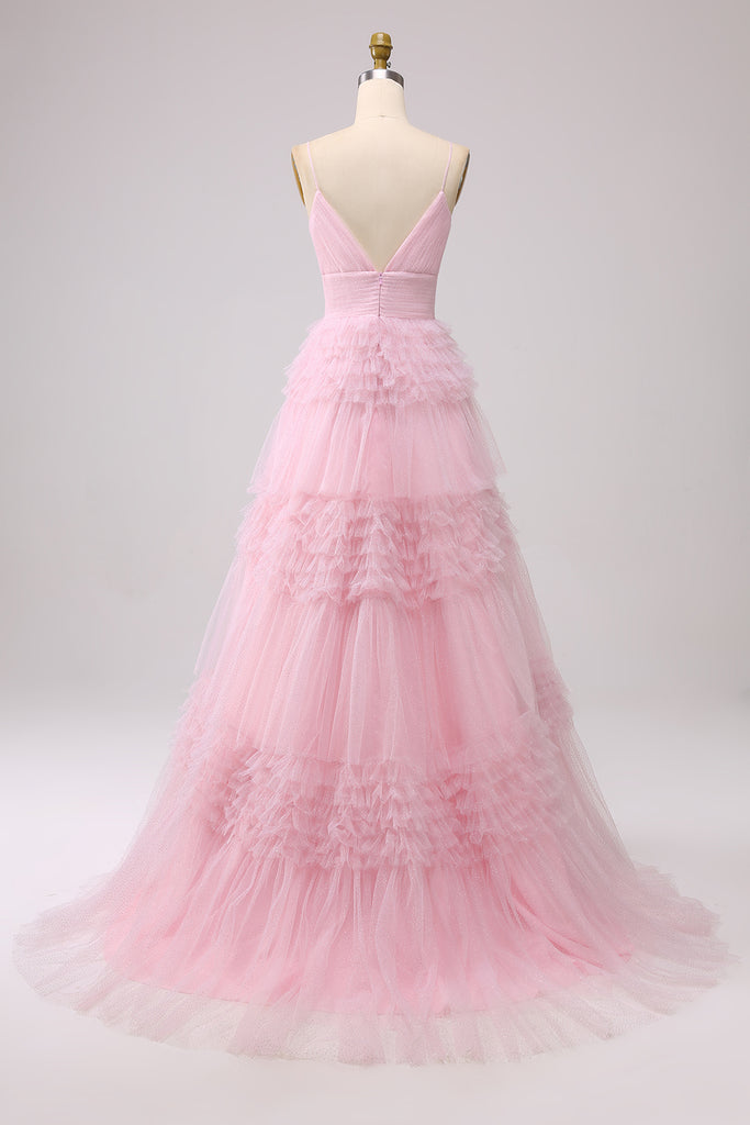 A Line Spaghetti Straps Tiered Navy Tulle Pleated Prom Dress with Slit main image 1