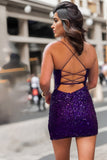 Sparkly Purple Sequins Backless Tight Short Homecoming Dress