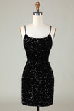 Spaghetti Straps Black Sequin Bodycon Homecoming Dress With Criss Cross Back