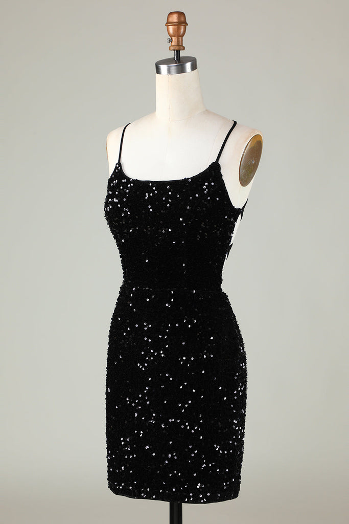 Zapakasa Women Black Bodycon Homecoming Dress Spaghetti Straps Sequin
