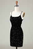 Spaghetti Straps Black Sequin Bodycon Homecoming Dress With Criss Cross Back