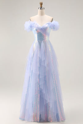 Sparkly Light Blue Sequin Off the Shoulder Long Prom Dress with Ruffles
