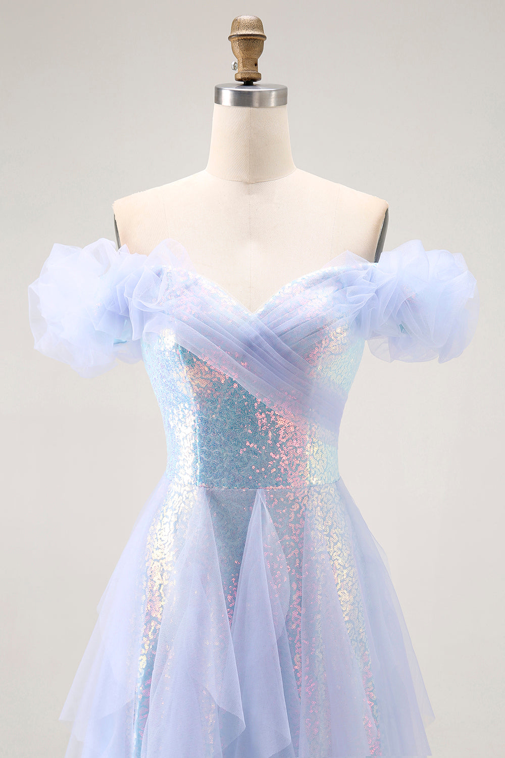 Zapakasa Women Sparkly Light Blue Sequin Long Prom Dress with Ruffles