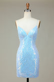 Sheath Spaghetti Straps Blue Short Homecoming Dress with Appliques