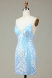 Sheath Spaghetti Straps Blue Short Homecoming Dress with Appliques