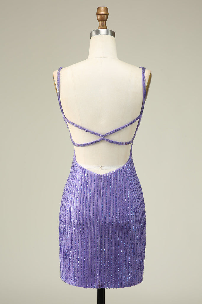 Spaghetti Straps Purple Sequin Short Tight Homecoming Dress VK23092106 main image 1
