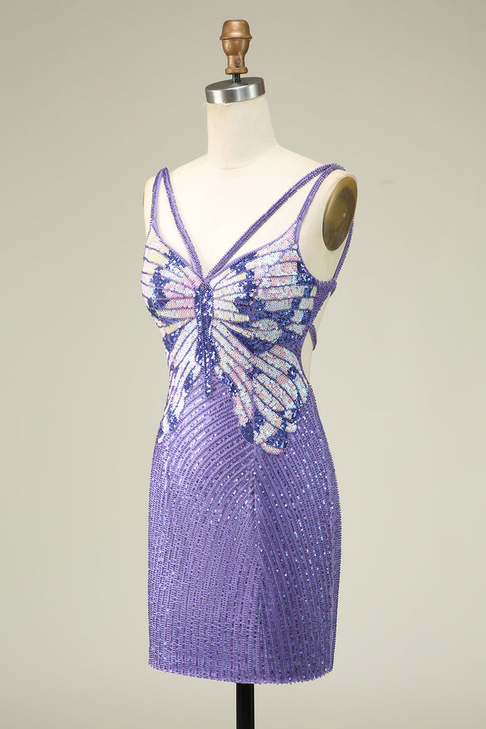 Sheath Spaghetti Straps Purple Sequins Short Homecoming Dress main image 1