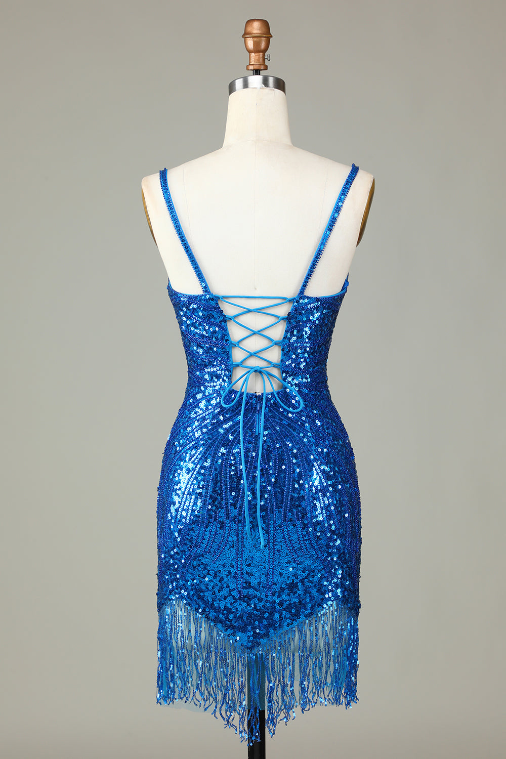 Sparkly Bodycon Spaghetti Straps Peacock Blue Lace-Up Back Short Homecoming Dress with Beading