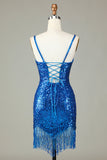 Sparkly Bodycon Spaghetti Straps Peacock Blue Lace-Up Back Short Homecoming Dress with Beading