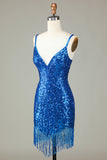 Sparkly Bodycon Spaghetti Straps Peacock Blue Lace-Up Back Short Homecoming Dress with Beading