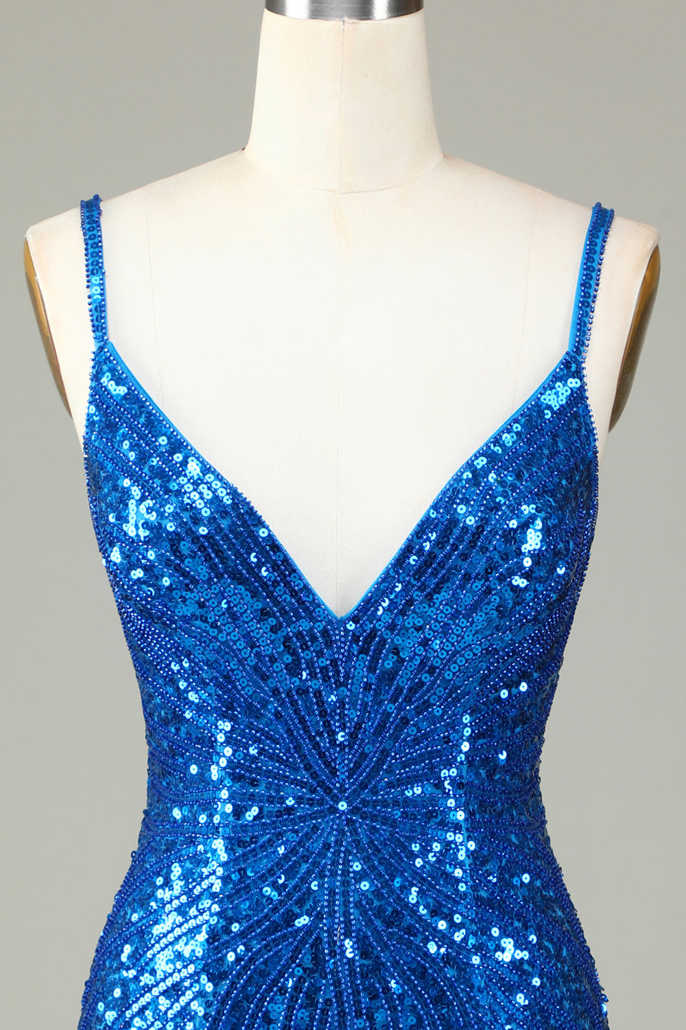 Sparkly Bodycon Spaghetti Straps Peacock Blue Lace-Up Back Short Homecoming Dress with Beading