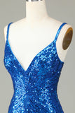 Sparkly Bodycon Spaghetti Straps Peacock Blue Lace-Up Back Short Homecoming Dress with Beading