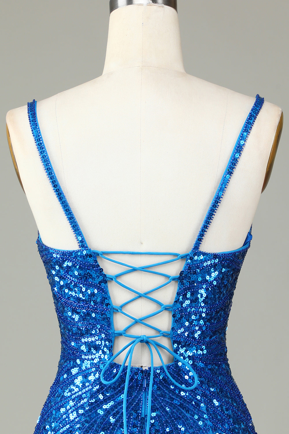 Sparkly Bodycon Spaghetti Straps Peacock Blue Lace-Up Back Short Homecoming Dress with Beading