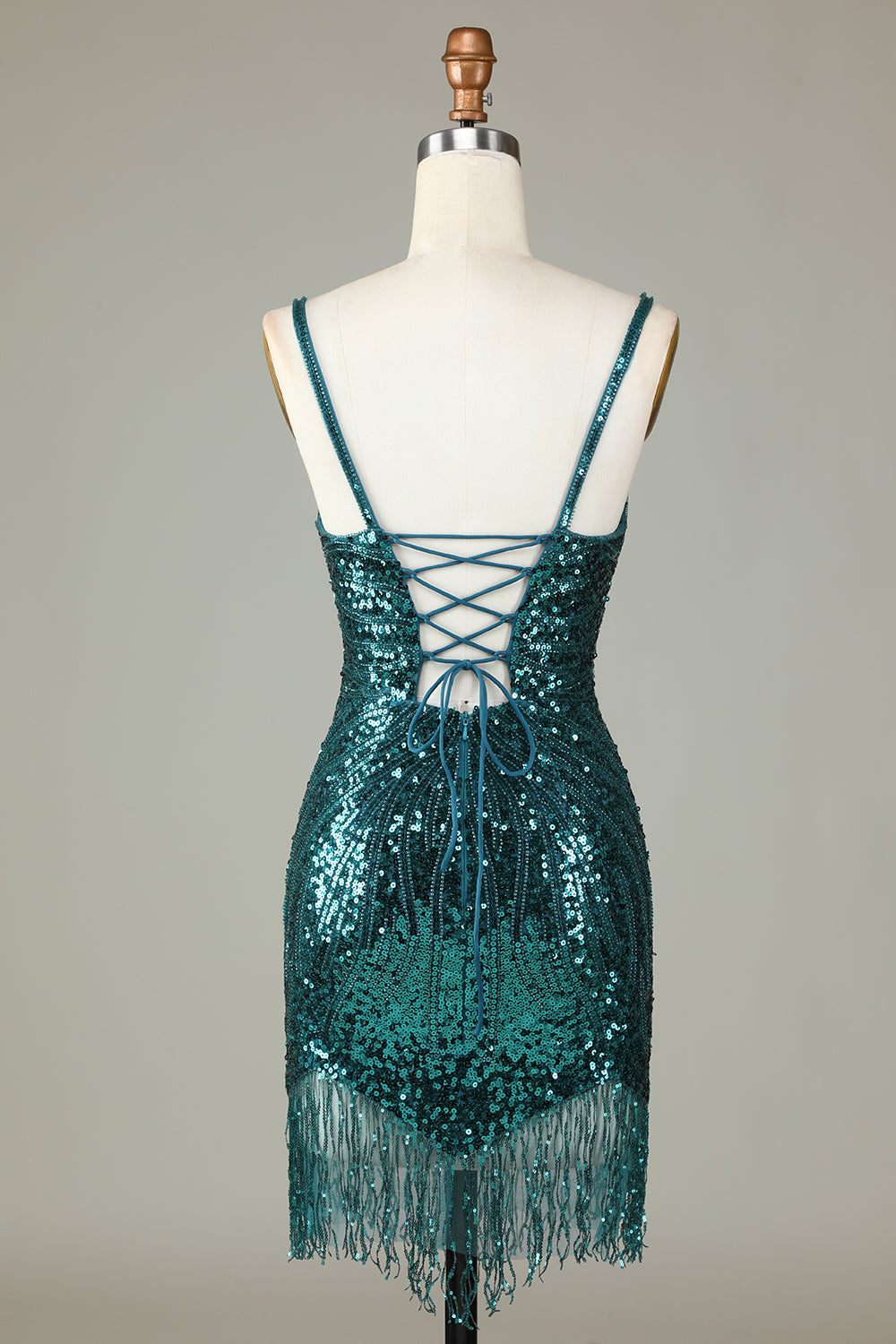 Sparkly Bodycon Spaghetti Straps Peacock Blue Lace-Up Back Short Homecoming Dress with Beading