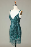 Sparkly Bodycon Spaghetti Straps Peacock Blue Lace-Up Back Short Homecoming Dress with Beading