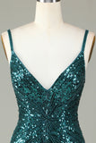 Sparkly Bodycon Spaghetti Straps Peacock Blue Lace-Up Back Short Homecoming Dress with Beading