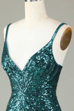Sparkly Bodycon Spaghetti Straps Peacock Blue Lace-Up Back Short Homecoming Dress with Beading