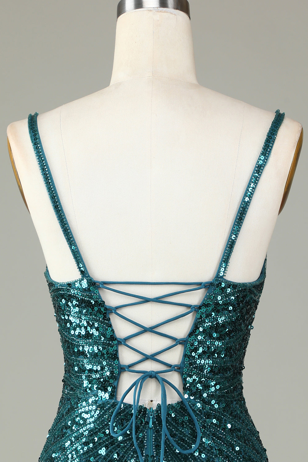 Sparkly Bodycon Spaghetti Straps Peacock Blue Lace-Up Back Short Homecoming Dress with Beading