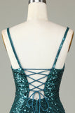 Sparkly Bodycon Spaghetti Straps Peacock Blue Lace-Up Back Short Homecoming Dress with Beading