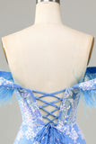 Gorgeous Sheath Off the Shoulder Blue Short Homecoming Dress with Feather
