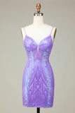 Lilac Spaghetti Straps Tight Short Homecoming Dress with Sequins